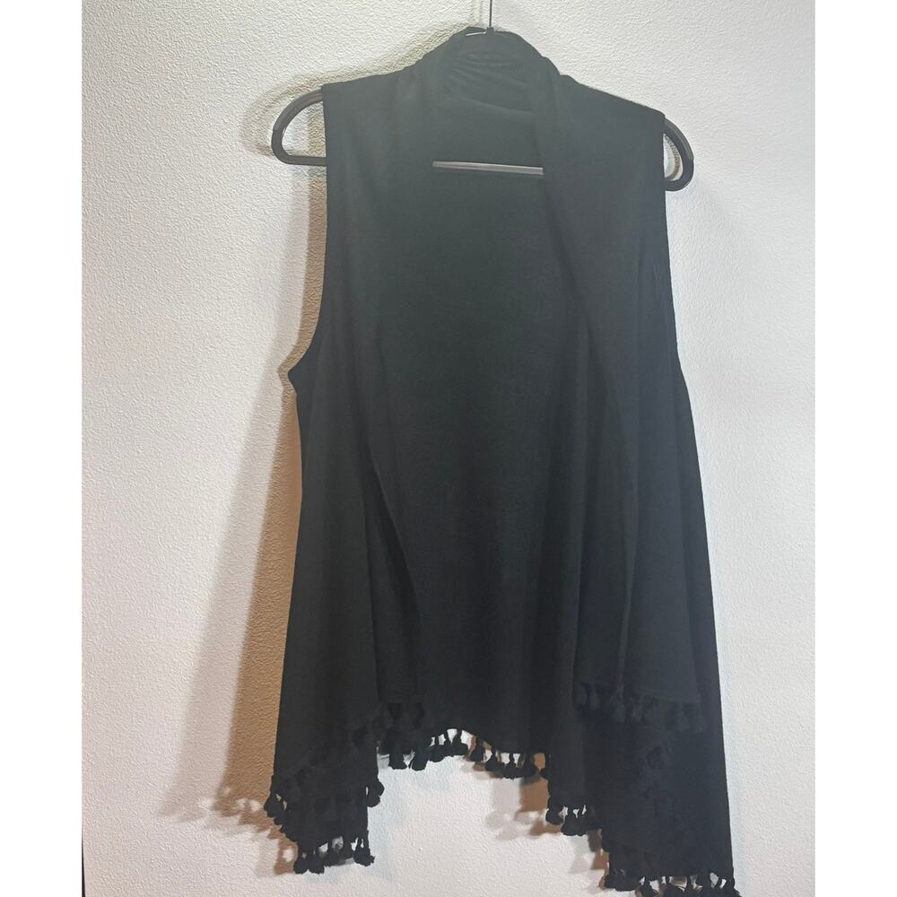 Anna Lane Black Sleeveless Open Front Vest Tassel Fringe Hem Boho